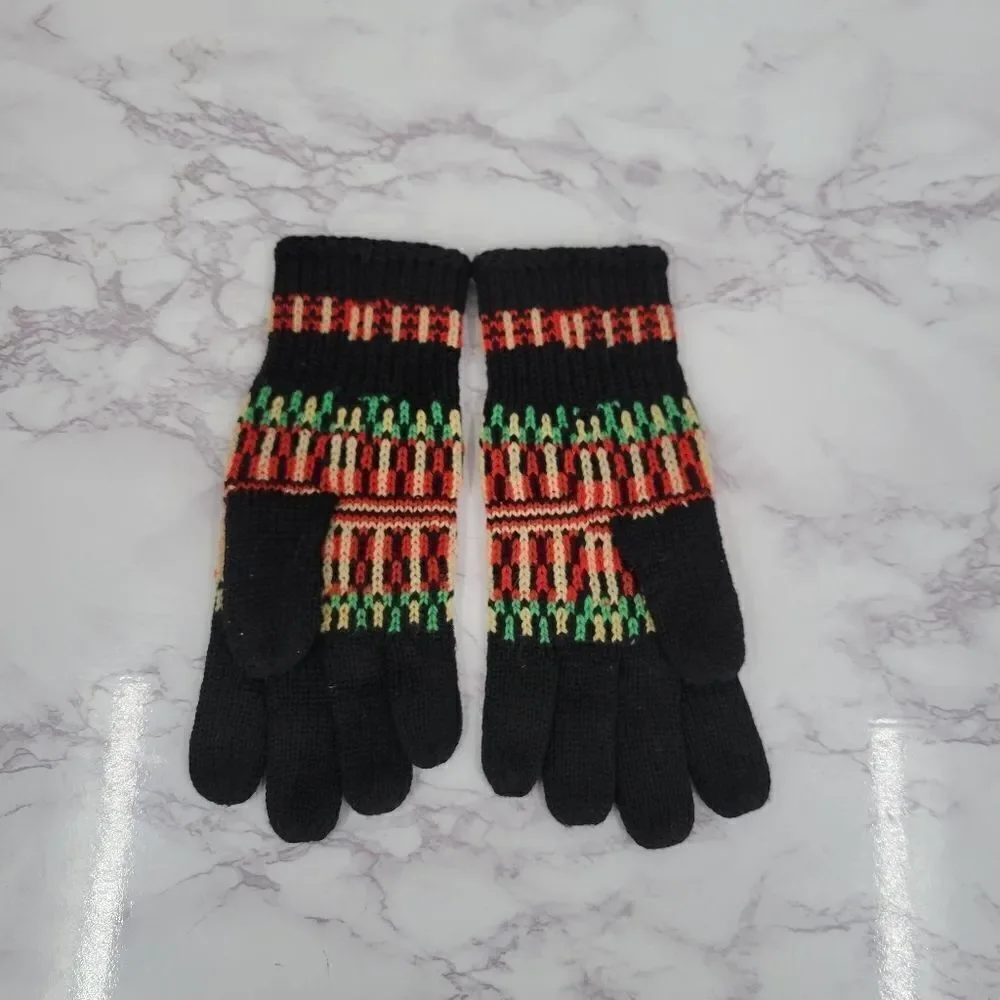 Vintage Handknit Gloves Black with Green Red Cream Nordic Fair Isle Designs